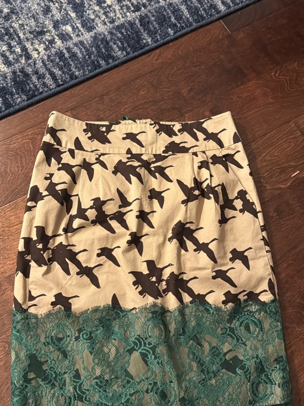 leifsdottir Beige Skirt with Dark Brown Bird Print & Green Lace Hem